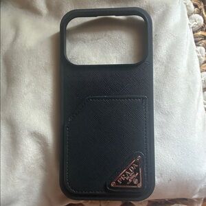 Prada Black Leather-Style Phone Case with  card slot Triangular Logo  iPhone 17
